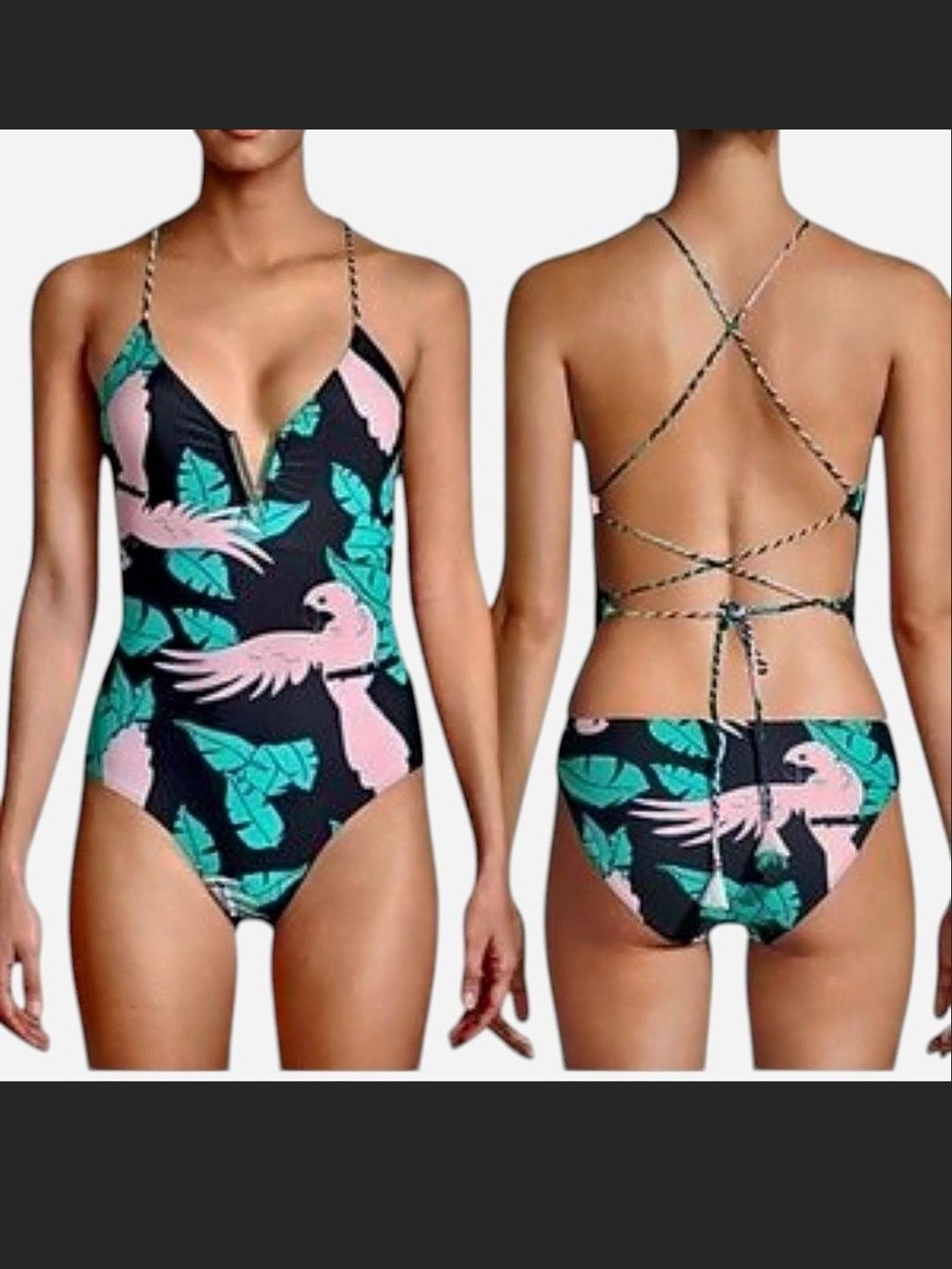 No Boundaries Black One-Piece Swimsuit with Pink Parrot & Teal Leaves